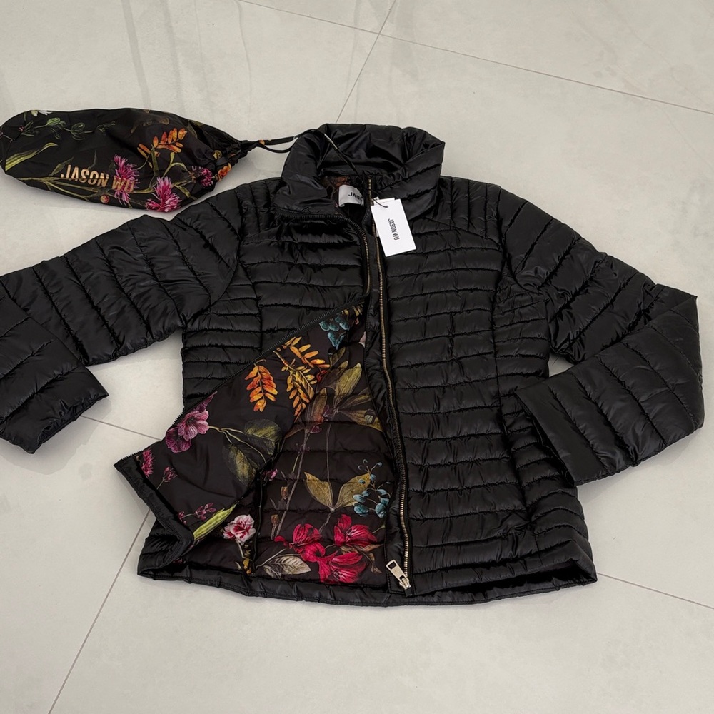 NWT Jason Wu Black Puffer Jacket with Floral Interior